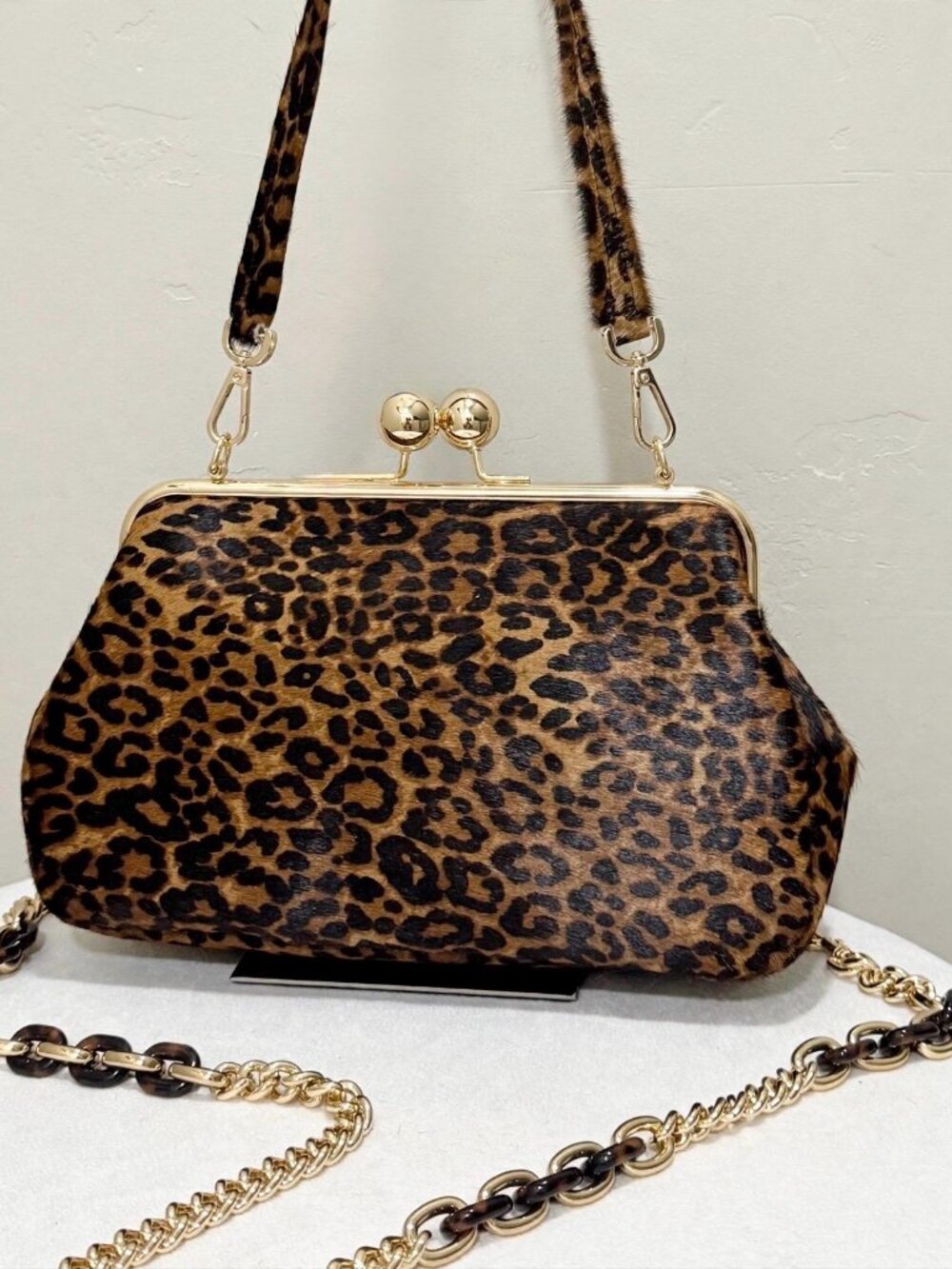 Genuine Hair-on Cowhide Leopard Print Kisslock Frame Bag, Handmade Clutch